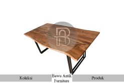 Meja Makan Minimalis Top Daun Jati Kayu Solid Kaki Besi BA-248.1