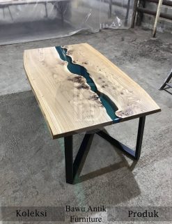 Meja Kayu Trembesi Expocy Table Dark Blue Iron Foot BA-333