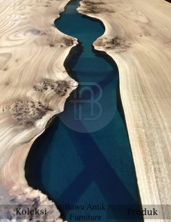 Meja Kayu Trembesi Expocy Table Dark Blue Iron Foot BA-333.1