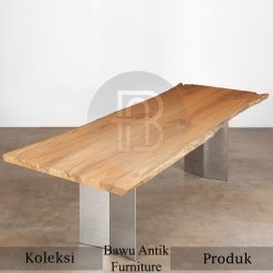 Meja Kayu Solid Daun Jati Utuh Kaki Stainless Steel BA-442
