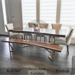 Meja Makan Trembesi Kayu Solid Desain Elite Kaki Stainless BA-474