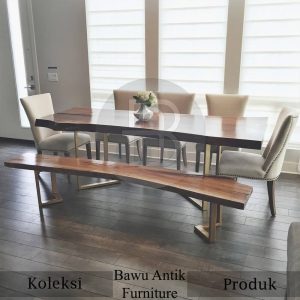 Meja Makan Trembesi Kayu Solid Desain Elite Kaki Stainless BA 474