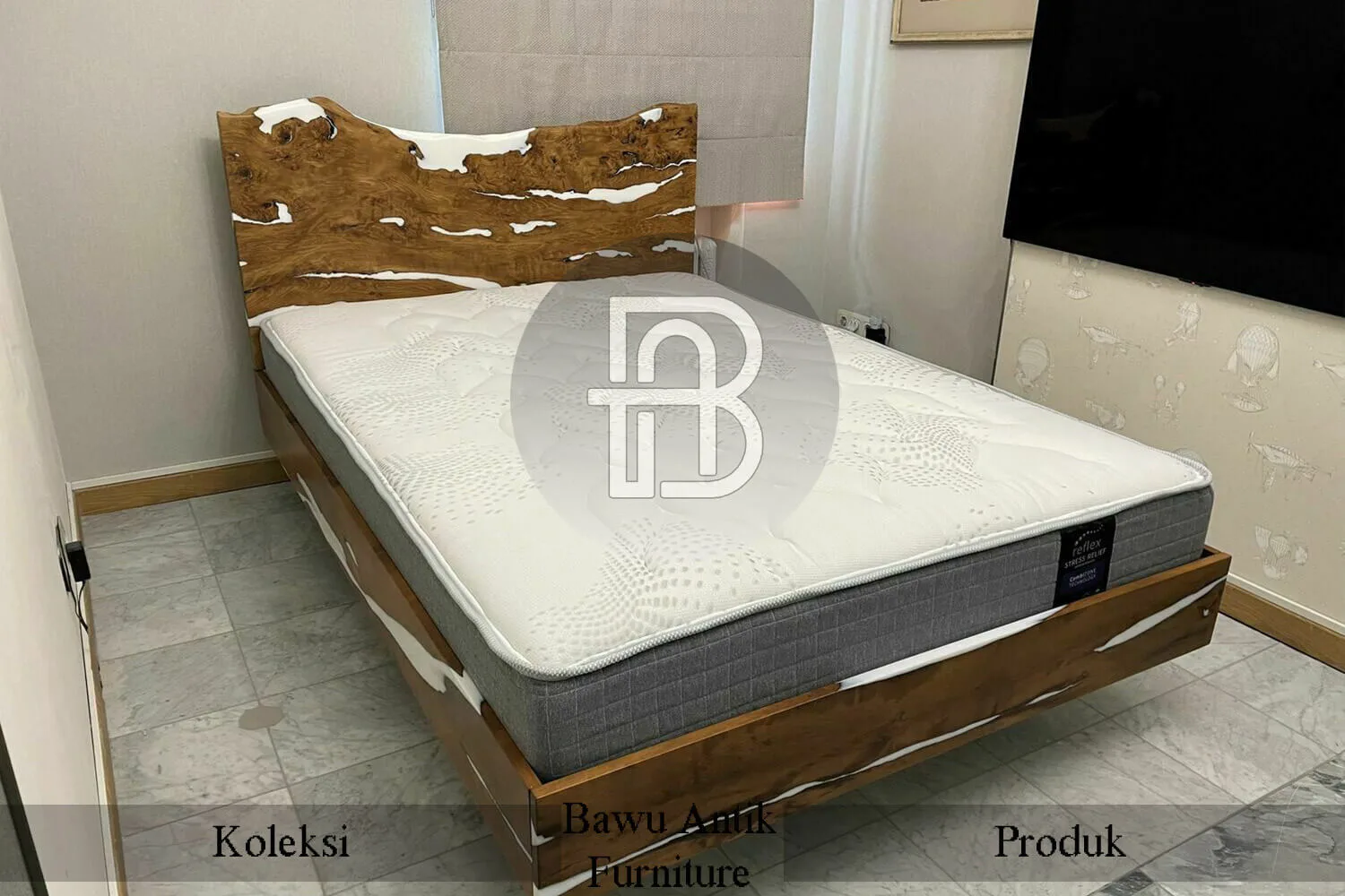 Tempat Tidur Modern Minimalis Kayu Solid Trembesi Resin Combine BA-452