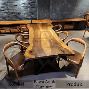 Meja Makan Kayu Solid Industrial Design Kaki Stainless BA 537