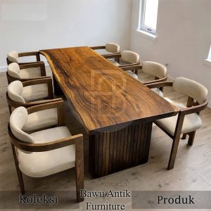 Meja Makan Kayu Solid Trembesi 8 Kursi Natural Walnut BA 697