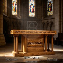 Meja Altar Gereja Relief Perjamuan Natural Jati Solid Premium BA-802.1