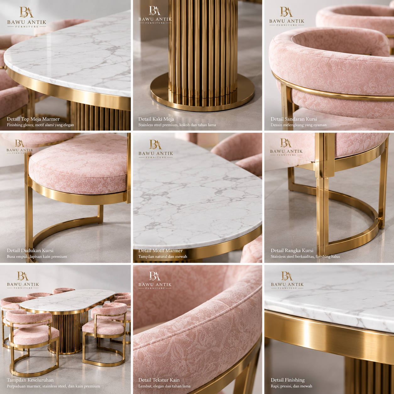 Furniture Stainless Marmer Elegant 8 Kursi 9 Detail produk furniture stainless dan marmer