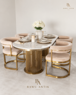 Meja Makan Marmer Oval 4 Kursi Stainless Gold Mewah